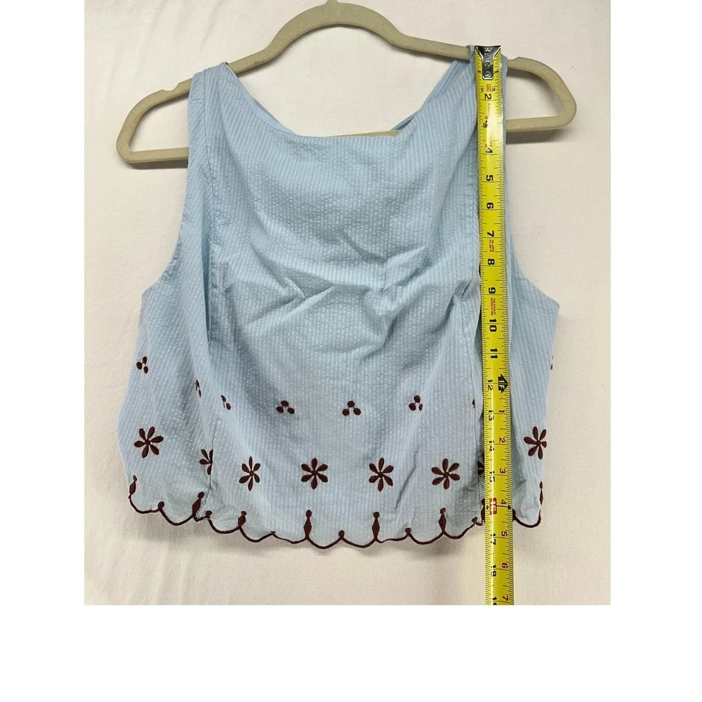 Free People Celestial Blue Seersucker Embroidered Tie Back Crop Top L - Picture 4 of 10